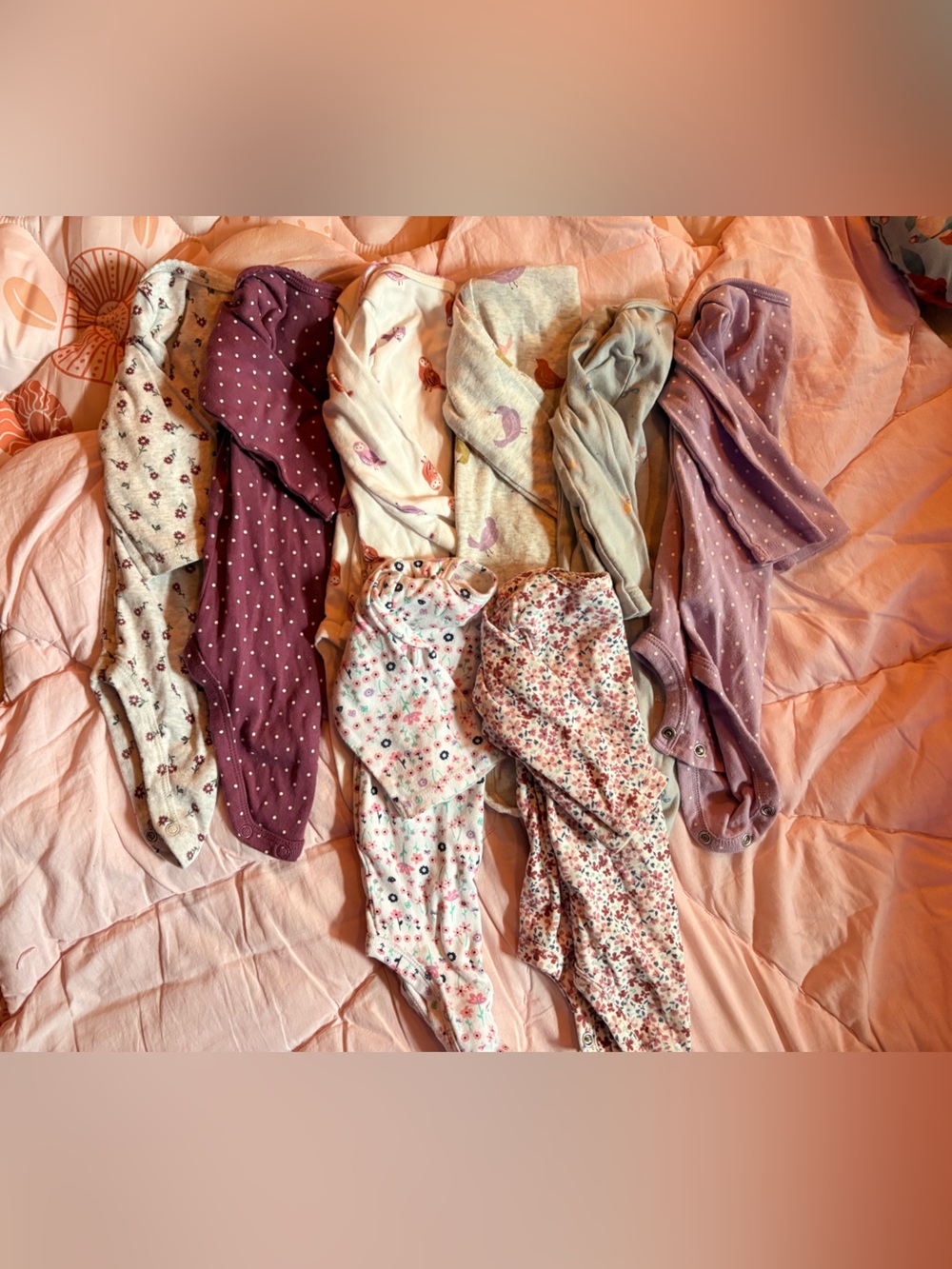 Carter's Mix of Pink, Mauve and Cream Floral & Dot Long Sleeve Onesie Bundle